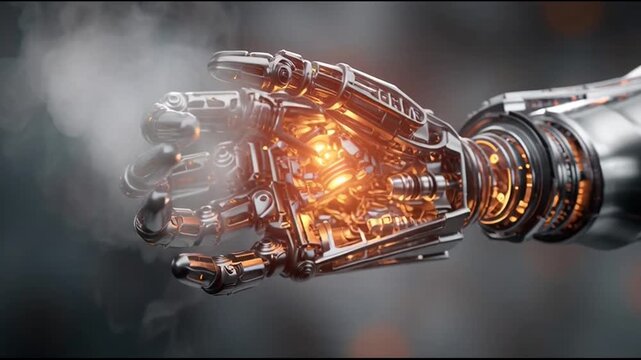 Robotic hand with glowing orange light.