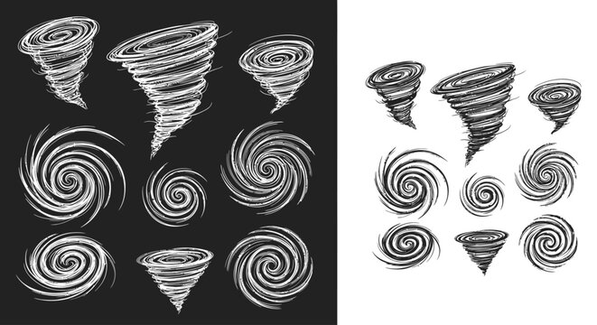 Collection of hand-drawn tornado and cyclone illustrations.