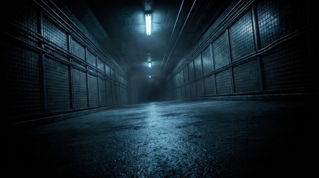 Dark industrial corridor with blue lighting and metallic mesh walls in an underground bunker.