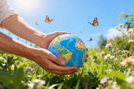 Hands holding globe in nature