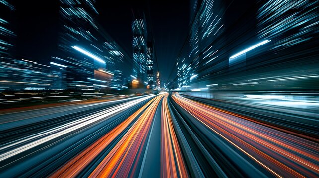 Blurring city lights and traffic trails create a sense of rapid movement on a highway at night.