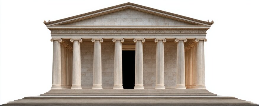 Secluded Greek temple with a beige limestone Doric facade against a white backdrop