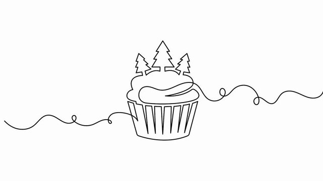 Cupcake with small pine trees continuous line drawing animation for Christmas