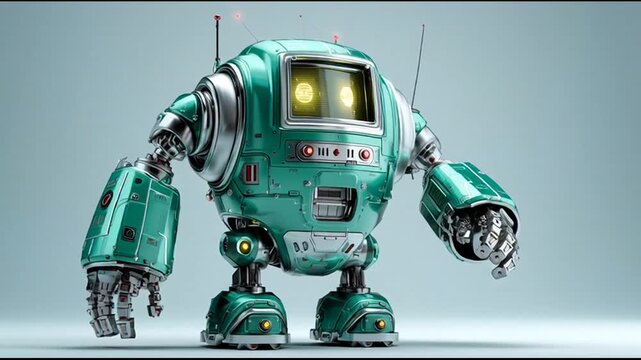 Teal robot with glowing yellow eyes.