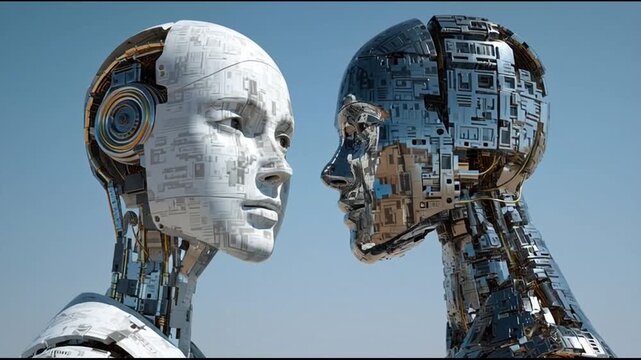 Two robotic heads facing each other.