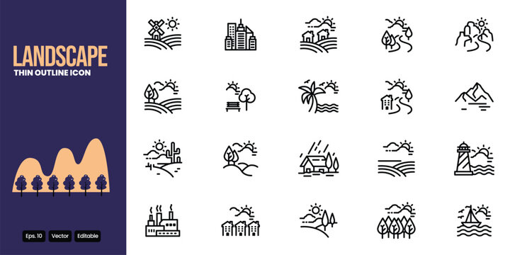 landscape related outline icon set vector design good for web and mobile app