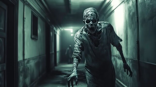 A zombie with rotting flesh and a horrifying expression walks down a dark hallway, a chilling scene for a horror movie.