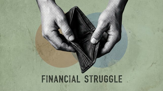 Hands holding an empty wallet representing financial struggle and economic crisis in a vintage collage style.