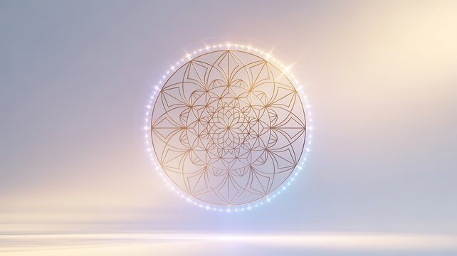 Floating ornate geometric orb with soft lighting sacred geometry abstract geometric circular decorative ethereal symmetry minimalist background floating suspended delicate intricate