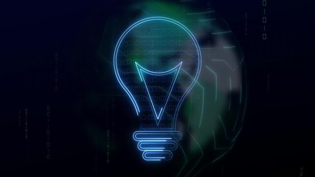 Light bulb animation with digital binary code. Light bulb neon idea and innovation concept. Light bulb technology and earth globe graphic on black.
