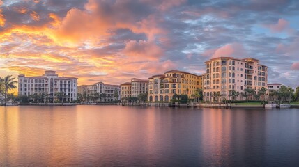 Obraz premium A panoramic view of a waterfront cityscape at sunset with colorful clouds in the sky, buildings, palm trees, and boats in the water.