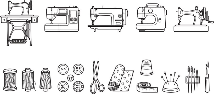 Sewing machine collection for tailoring shop design features vintage machines thread spools buttons scissors thimble needles and fabric.