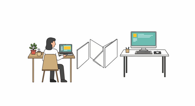 Remote work, woman working from home, office setup, virtual meeting, flexible workspace