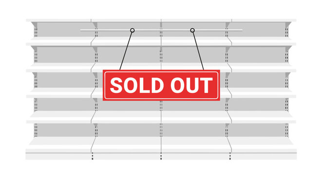 Bare white shelving system with multiple tiers and a red sold out sign hanging suspended by thin black wires against a clean minimalist background in a store.