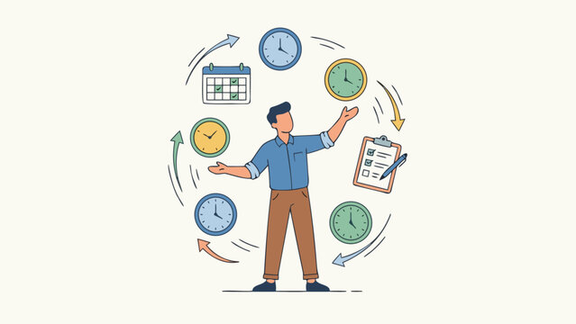 Time Management and Productivity Concept Illustration with a Man Juggling Clocks, Calendar, and Task List Representing Efficiency, Multitasking, and Organized Workflow for Business Success.