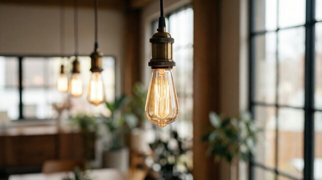Modern interior design featuring warm edison bulb pendant lights in a cozy living room setting.