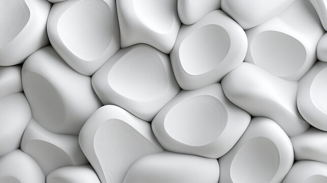 A dense arrangement of smooth, rounded white 3D forms interlock and overlap, creating a textured, organic, and visually appealing surface pattern.