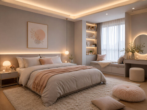 A dreamy minimalist bedroom with soft gray and pastel peach tones, fluffy rugs, simple decor, and warm indirect lighting for a relaxing mood