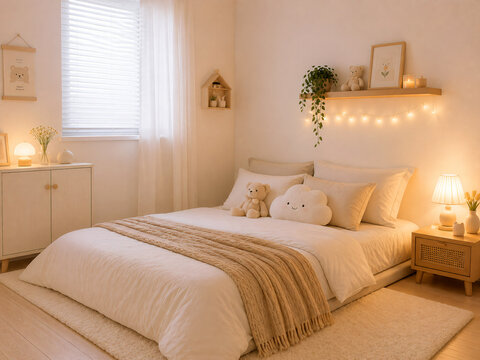 A minimalist cute bedroom with soft white and beige tones, a cozy low-profile bed, warm ambient lighting