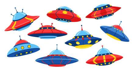 Collection of cartoon flying saucers, alien spacecraft, UFOs, isolated on white background © Jarwo