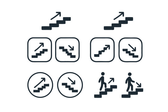 Versatile stairs icon set featuring professional staircase signs for climbing up and down direction indicators suitable for architectural wayfinding maps and public facility navigation apps.