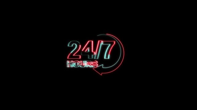 Service sign animation for twenty four seven open. Service sign neon arrow and clock symbol. Service sign business availability graphic on black.