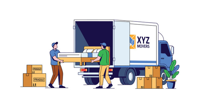 Two professional movers wearing uniforms are loading a large wooden bed frame into the back of a blue XYZ Movers delivery truck on a plain white backdrop.