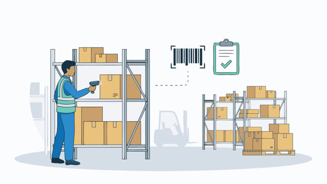 Warehouse worker scanning boxes on shelves with a handheld barcode scanner for inventory management. Logistics and supply chain distribution center illustration with forklift and checklist icons.