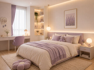 Fototapeta premium A pastel minimalist cozy room with lavender and ivory tones, simple furniture, warm glowing lights, and soft fabric textures for a charming atmos