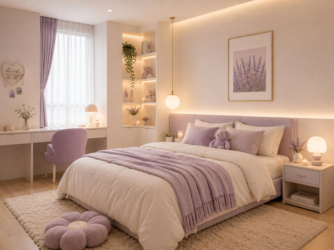 A pastel minimalist cozy room with lavender and ivory tones, simple furniture, warm glowing lights, and soft fabric textures for a charming atmos