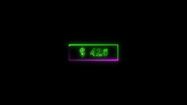 Dollar sign animation with number two hundred. Dollar sign neon green financial money. Dollar sign digital currency graphic on black background.