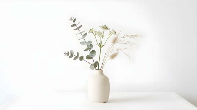 ​Elegant Minimalist Floral Arrangement in a White Ceramic Vase on a Light Table, Featuring Eucalyptus Branch, Astrantia Flowers, and Fluffy Lagurus Grass