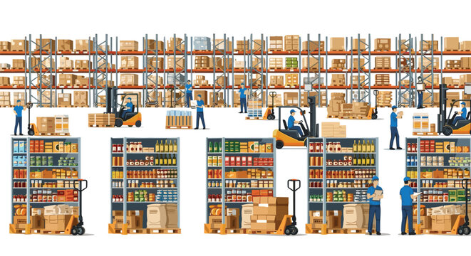 Workers operate forklifts and manage inventory in a large-scale warehouse filled with multi-level storage racking and shelves of goods in a bright, organized facility.