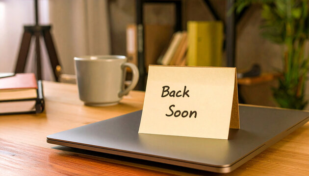 Back soon note placed on laptop on office desk