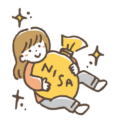 Naklejka premium NISAと書かれたお金の袋を大事に抱える女性のイメージイラスト。/ An illustration of a woman carefully holding a money bag labeled “NISA.”