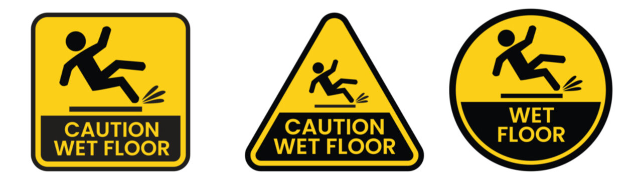 caution wet floor icons slipping person symbols in yellow frames warning signs