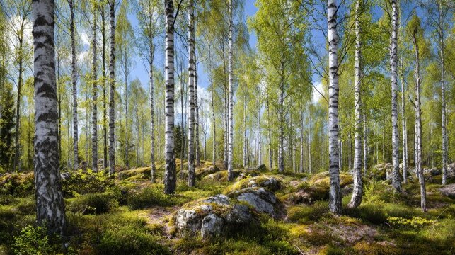 Beautiful sunny birch forest landscape in spring season with fresh green leaves and mossy rocks on the ground, bright blue sky through tree trunks, serene natural woodland background scenery