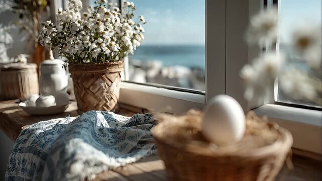 White egg lies in woven basket on wooden windowsill. Bright light shines through window, with flowers nearby and ocean view outside. Concept of home decor, kitchen, breakfast table