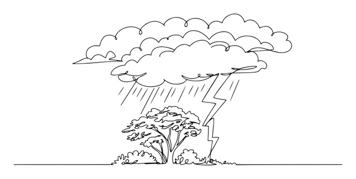storm with lightning and rain simple sketch monoline