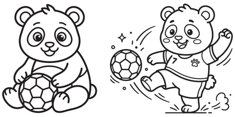 Two cartoon bear cubs playing soccer with ball, black and white illustration eps 10 © Md
