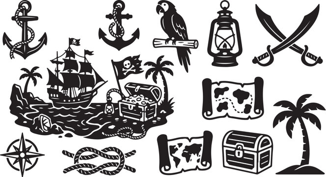 Pirate Symbols and Objects Illustration Set Black White