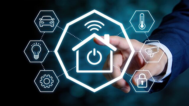 Smart home automation system concept, hand touching virtual screen with house icon, wifi signal, security camera, light bulb, thermostat, car, settings gear and padlock icons on