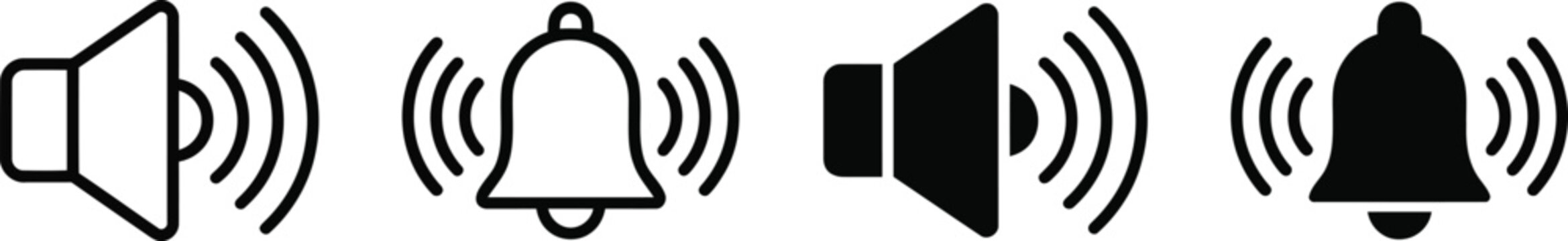 Silhouette sound icons with speaker and bell on isolated white background