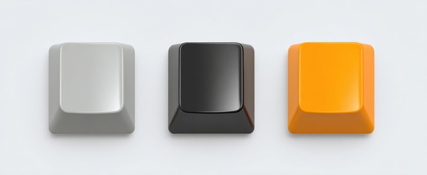 Three blank keycaps on a white background ideal for customization and design projects.