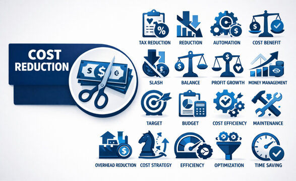 Cost Reduction Icons Set for Business Finance and Savings