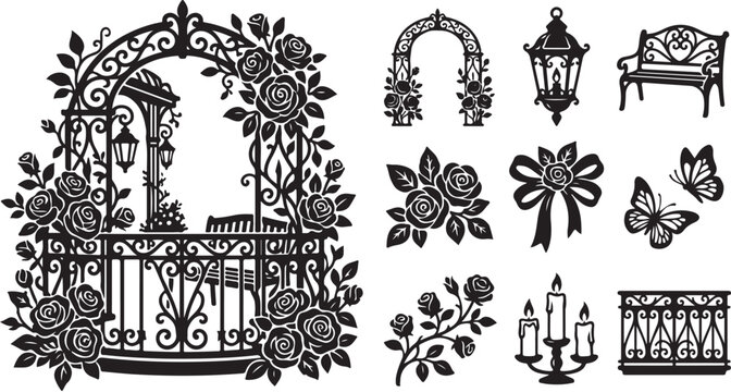 Black and White Garden Decorative Elements Illustration Set