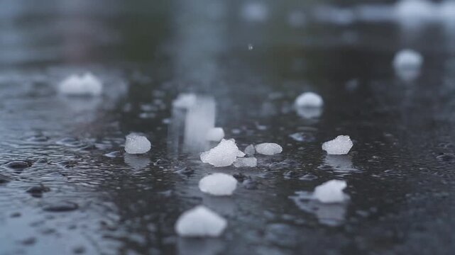 Extreme winter weather precipitation concept video. Hailstones fall into a wet dark asphalt puddle. Splashing water drops and white ice chunks feature in static footage.