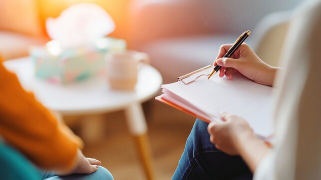 Therapist taking notes while talking with a client in a counseling session