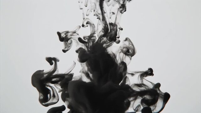 Abstract black ink drops spreading in water video background. Dark smoke plumes swirling against a solid white backdrop. High contrast liquid diffusion effect footage.