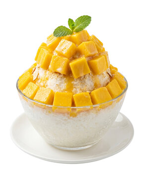 Mango bingsu with fresh mango cubes and mint